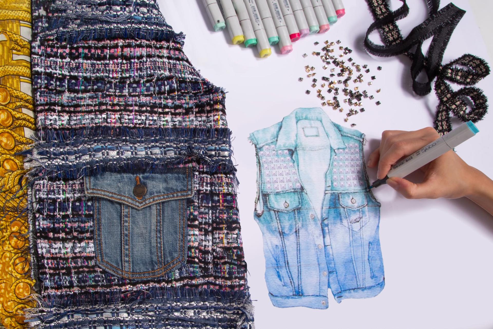 Sketch of a studded denim vest next to a tweed and denim vest